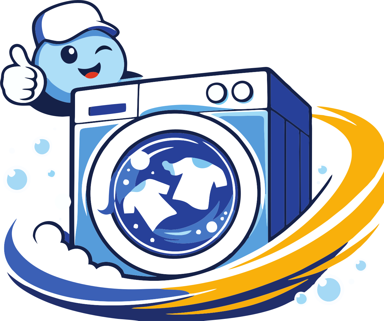 Mascote da Smope ao lado de uma máquina de lavar